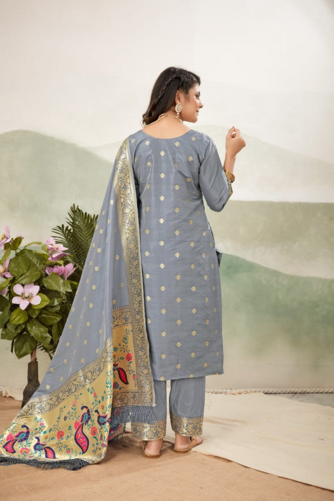 Paithani Sico Silk Unstitched Grey Suit