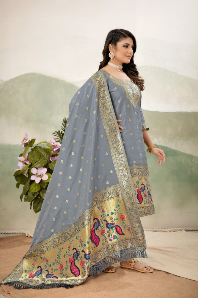 Paithani Sico Silk Unstitched Grey Suit