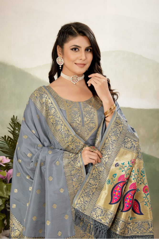 Paithani Sico Silk Unstitched Grey Suit