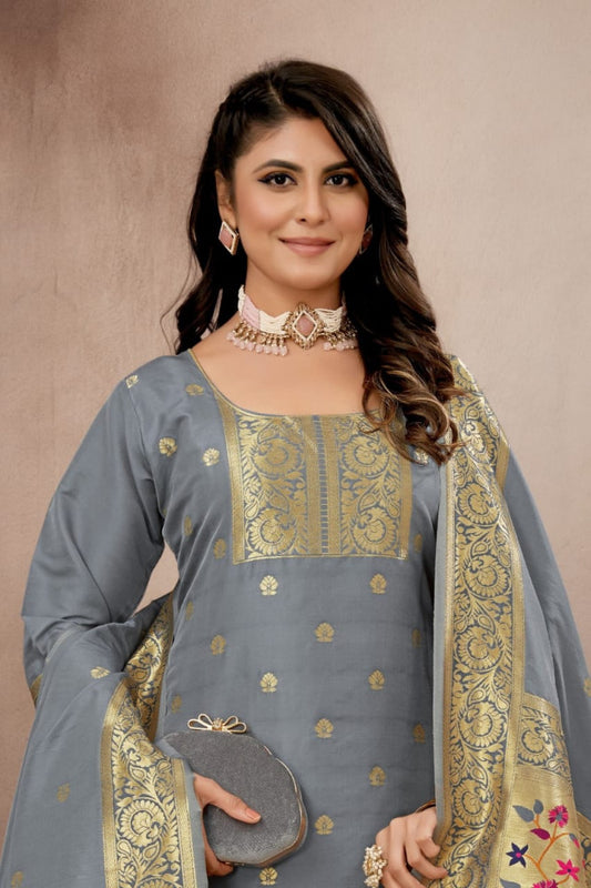 Paithani Sico Silk Unstitched Grey Suit Style 1