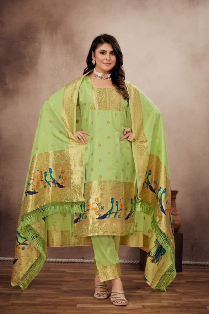 Paithani Sico Silk Unstitched Light Green Suit