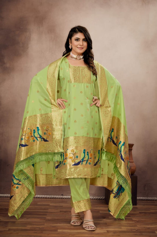 Paithani Sico Silk Unstitched Light Green Suit