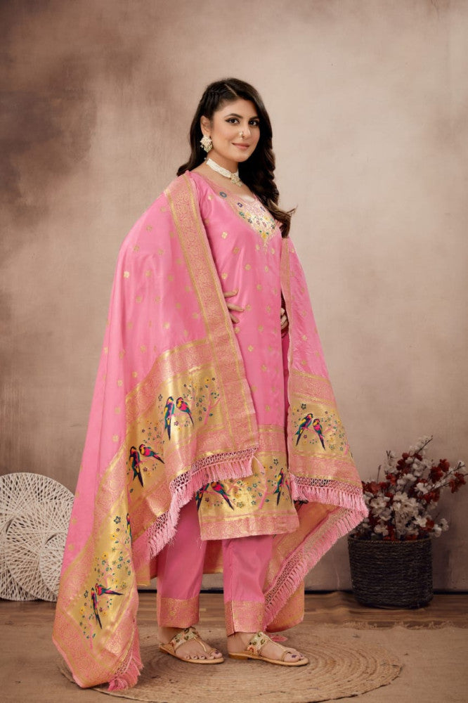 Paithani Sico Silk Unstitched Peach Suit Style 1