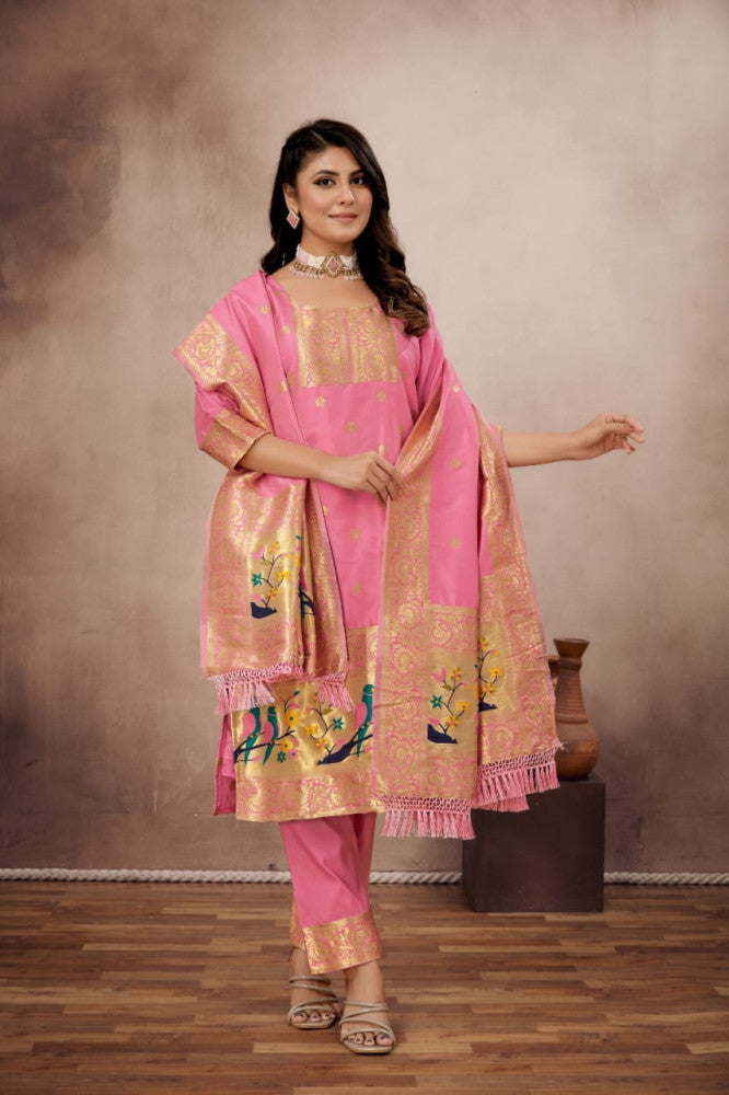Paithani Sico Silk Unstitched Peach Suit Style 1