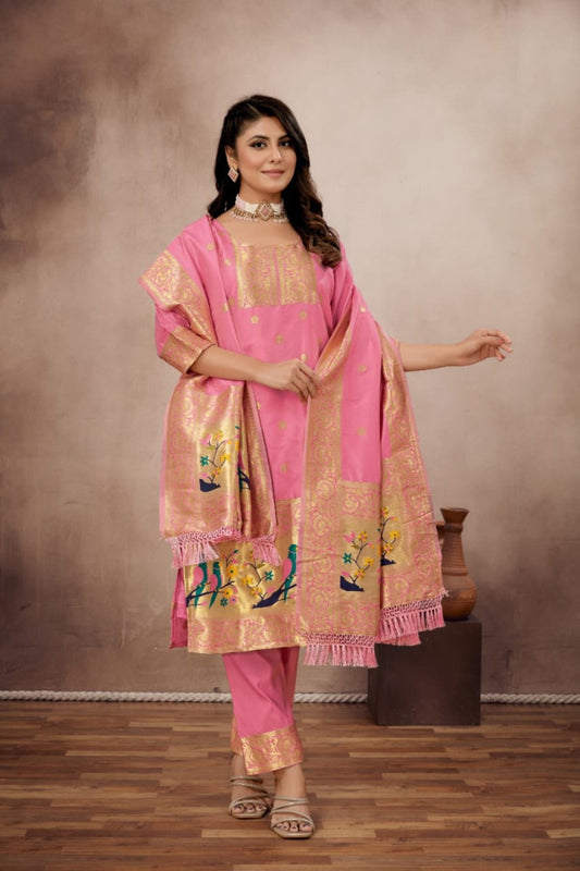 Paithani Sico Silk Unstitched Peach Suit Style 1