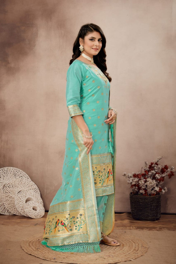 Paithani Sico Silk Unstitched Sky Blue Suit