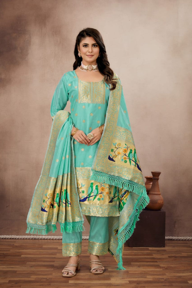 Paithani Sico Silk Unstitched Sky Blue Suit Style 1