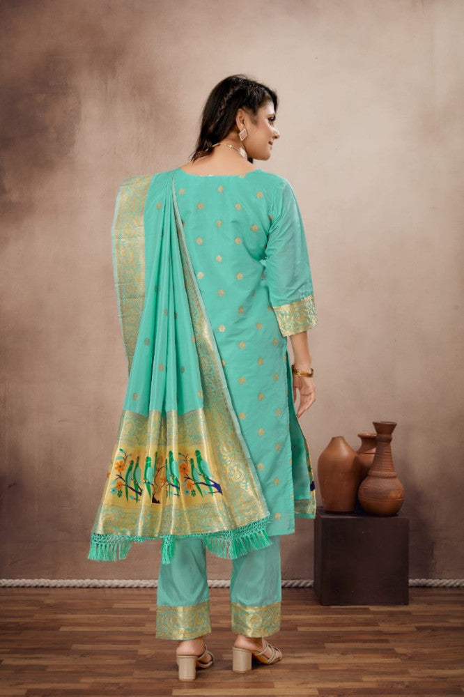Paithani Sico Silk Unstitched Sky Blue Suit Style 1