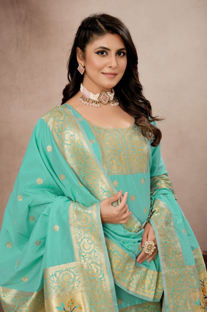 Paithani Sico Silk Unstitched Sky Blue Suit Style 1