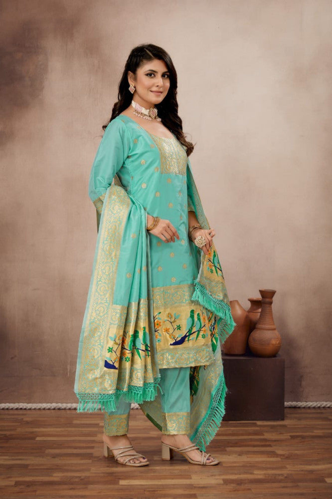 Paithani Sico Silk Unstitched Sky Blue Suit Style 1