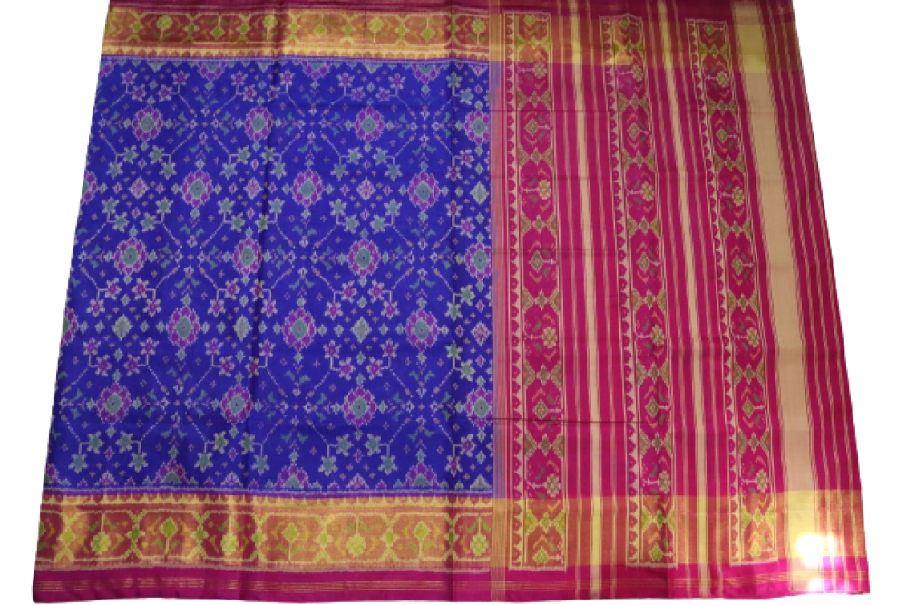 Patan Patola Saree Blue with Pink Colour Border