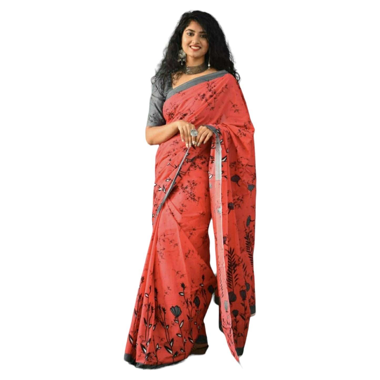 Peach Orange Colour with Grey Bagru Print Saree
