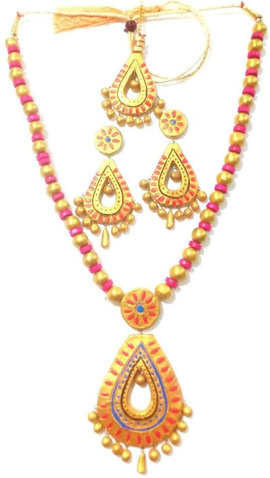 Pink and Golden Bankura Panchmura Terracotta Craft Necklace Jewellery Set