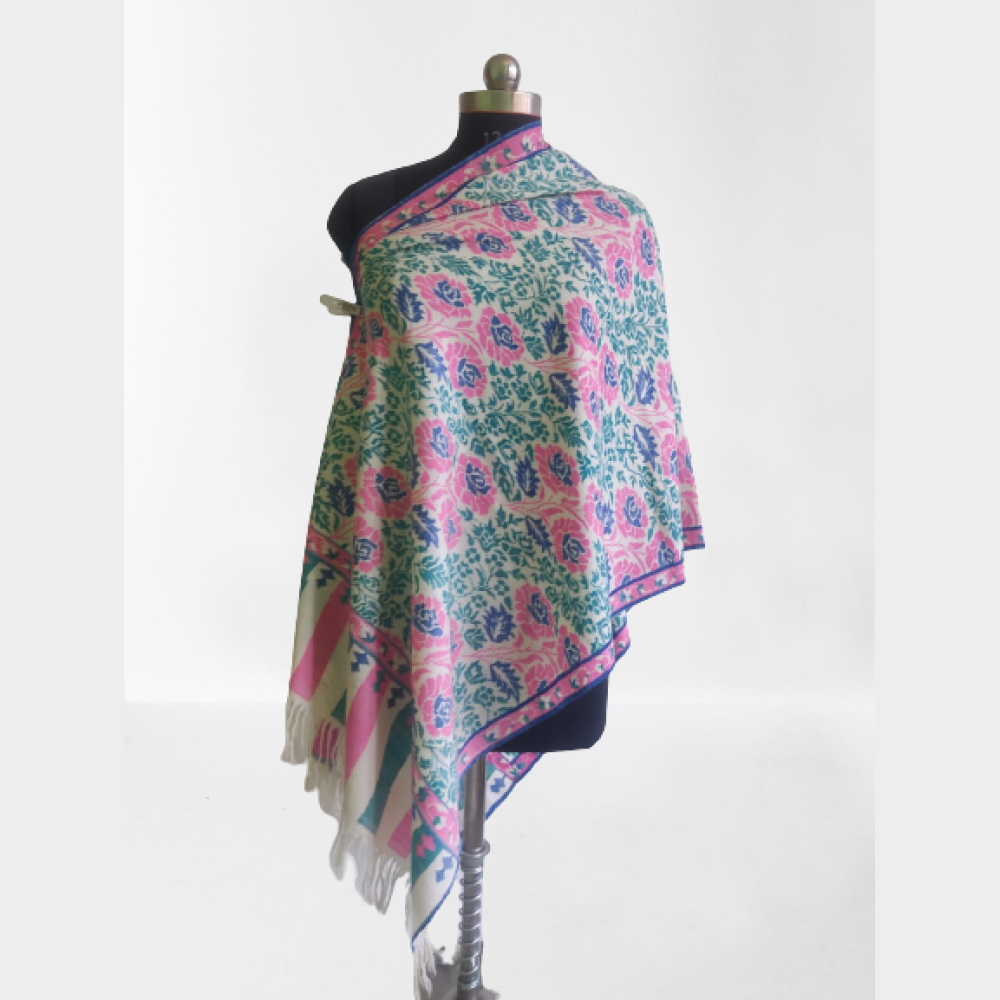 Pink & Green Floral Design Kani Shawl