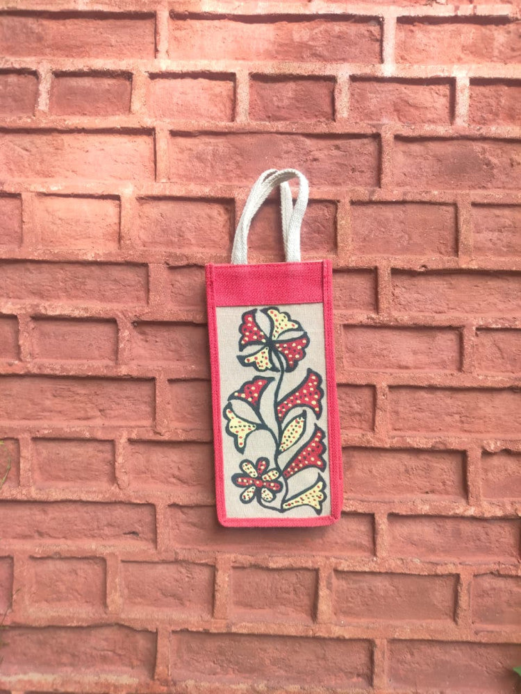 Pink & Off White Khovar Jute Bottle Bag