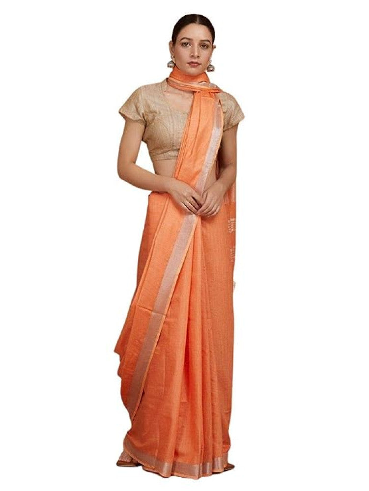 Plain Handloom Linen Saree (Orange)