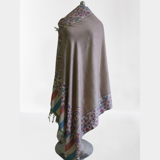 Plain Light Brown Floral Boarderd Kani Shawl
