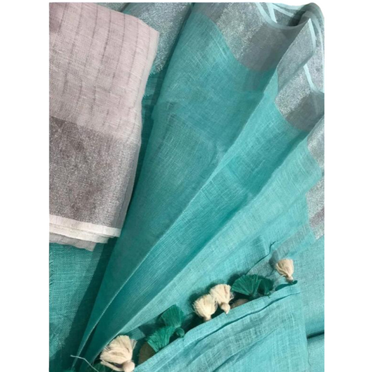 Plain Linen Saree Light Blue With Silver Border