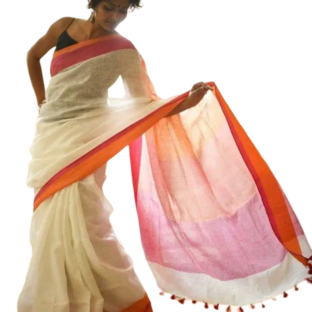Plain Traditional Beige Linen Saree