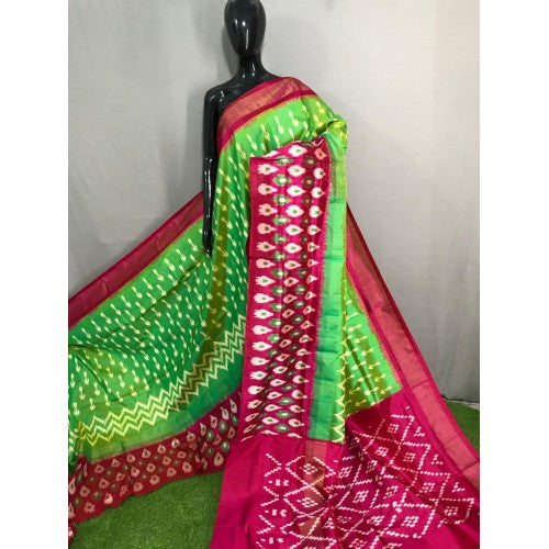 Prettify Pochampally Ikkat Light Weighted Silk Light Green Colour & Pink Border Mix Colour Saree