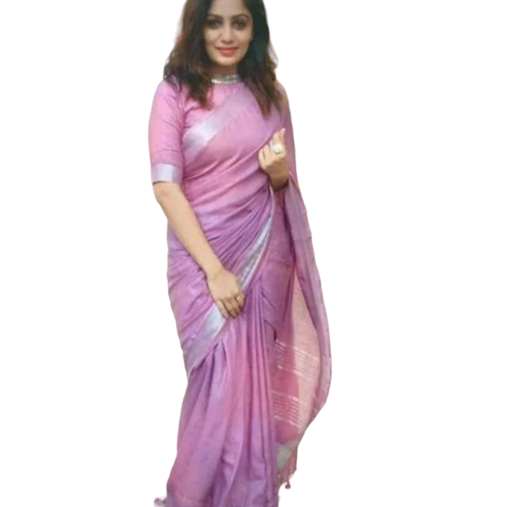 Pure Linen Saree Pink With Zari Border