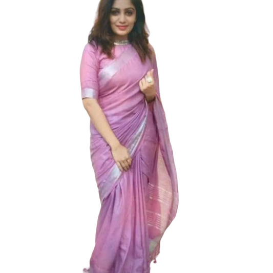 Pure Linen Saree Pink With Zari Border