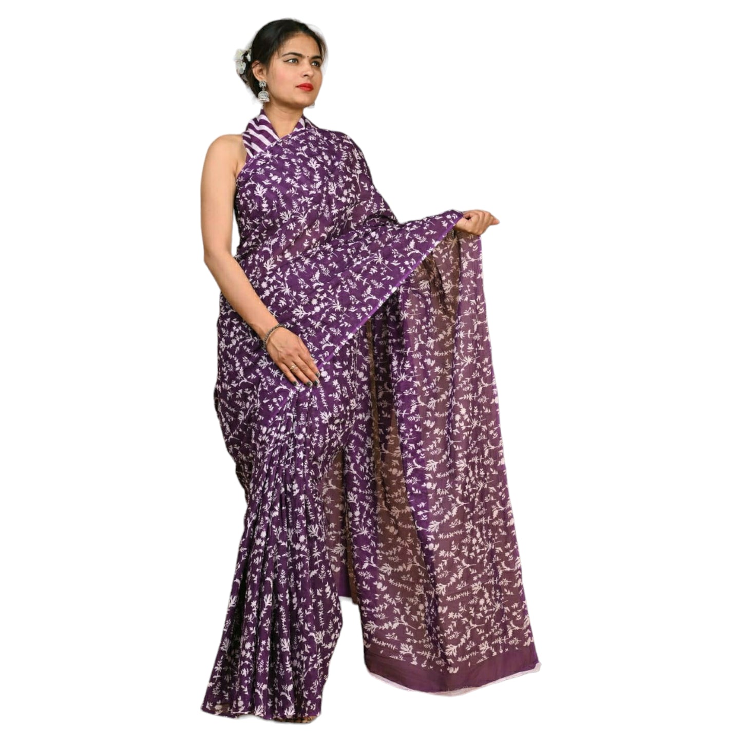 Purple & White Colour Bagru Print Saree