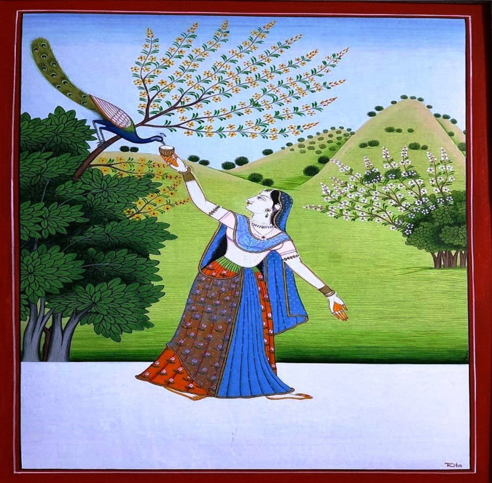 Queen Feeding Peacock Painting(8x12 inch)