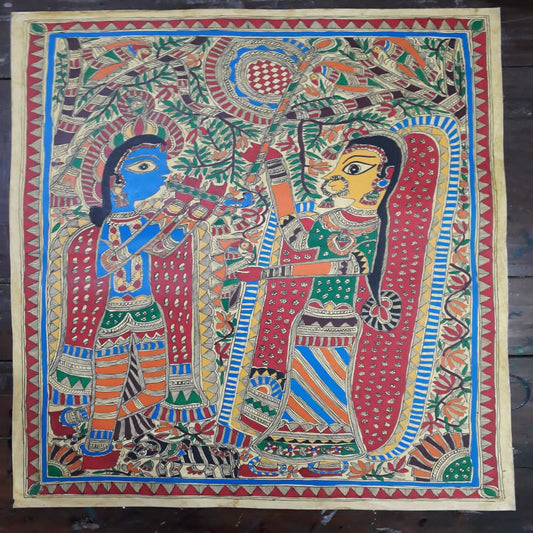 Radha Krishna In Brindavan Madhubani Painting