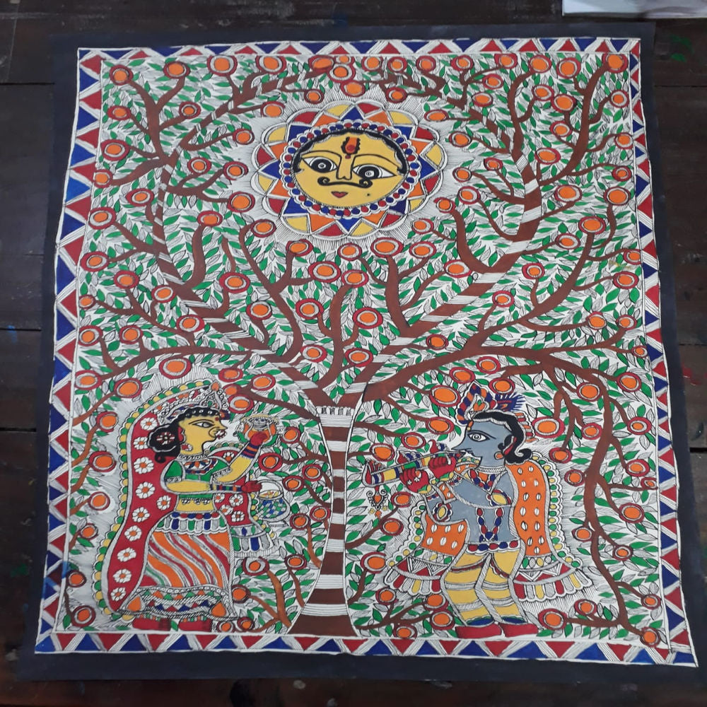 Radha & Krishna Praying To Surya Dev Madhubani Painting