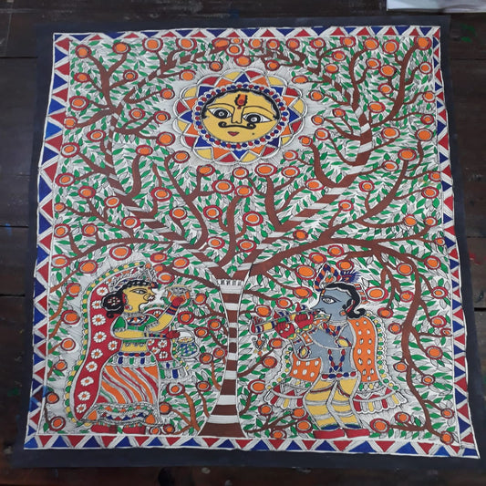 Radha & Krishna Praying To Surya Dev Madhubani Painting