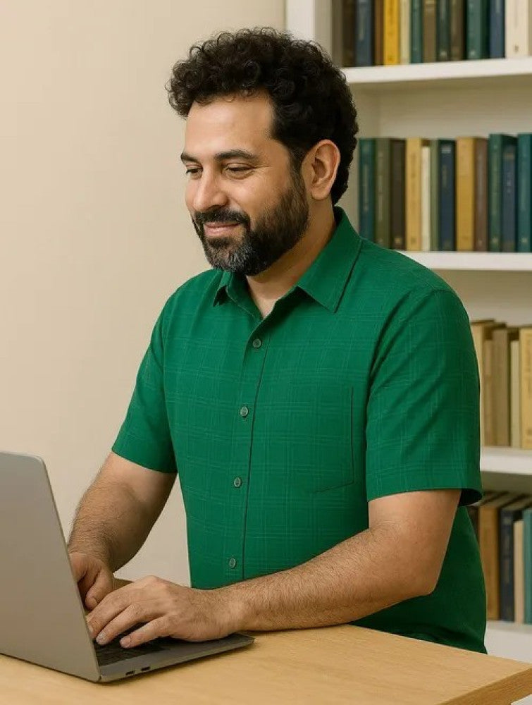 Self check Cotton Khadi Men's Half Sleeves Shirt - Green