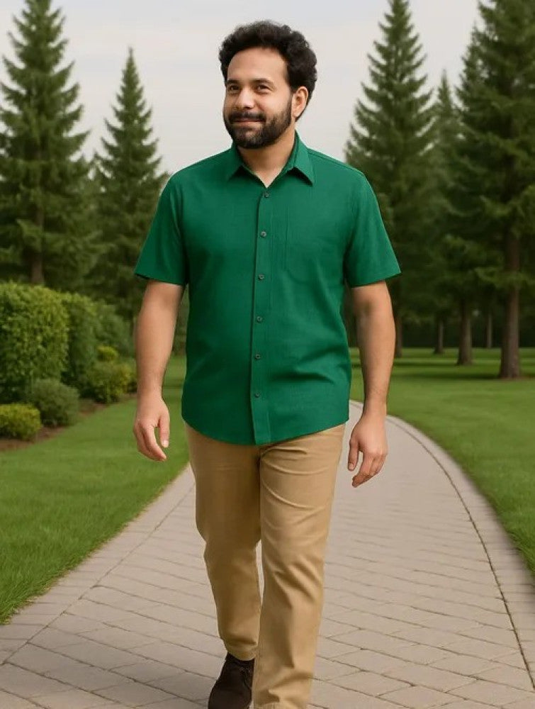 Self check Cotton Khadi Men's Half Sleeves Shirt - Green