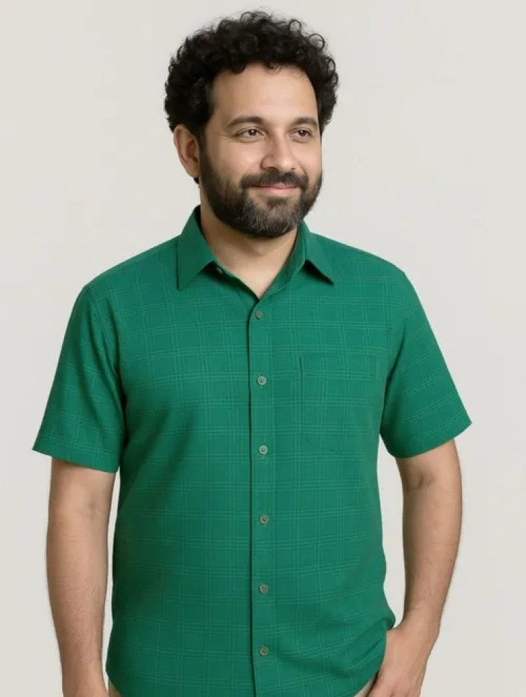 Self check Cotton Khadi Men's Half Sleeves Shirt - Green