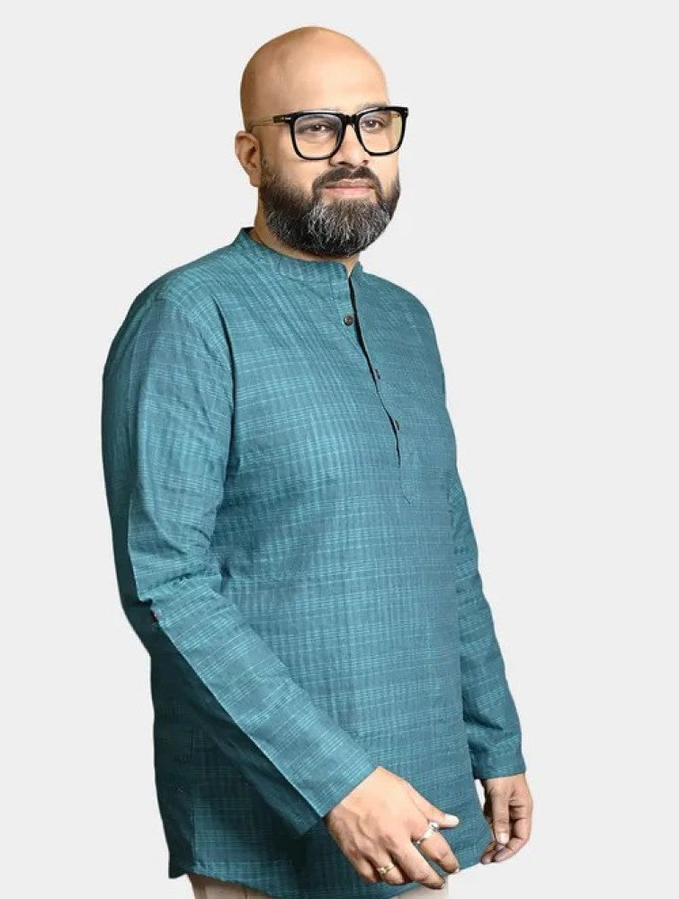 Self check Cotton Khadi Men's Short Kurta - Green