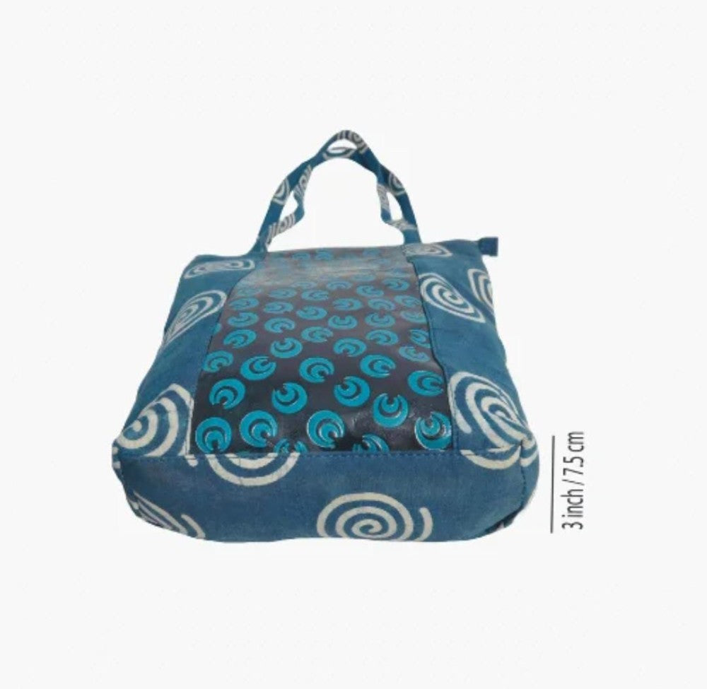 Shantiniketan Genuine Leather Handcarfted Blue Tote Bag For Woman