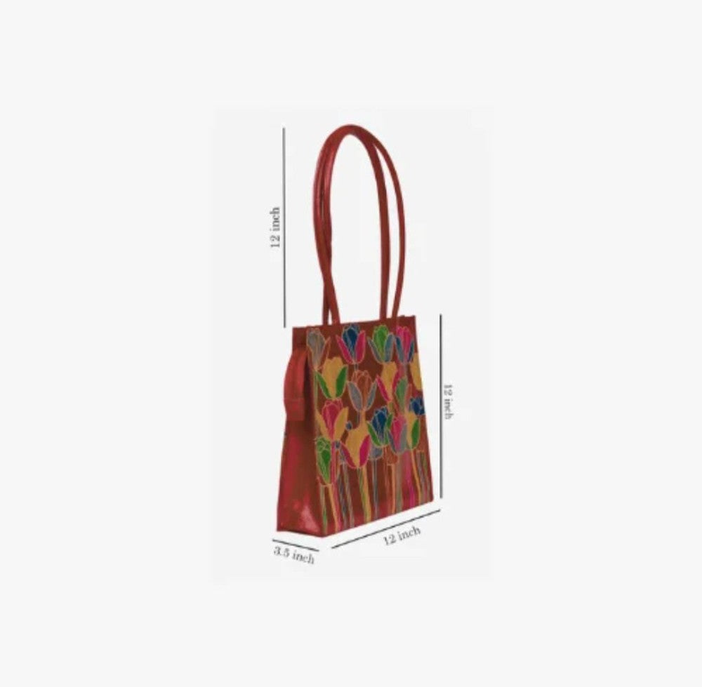 Shantiniketan Genuine Leather Handcarfted Floral Red Shopping And Tote Bag For Woman