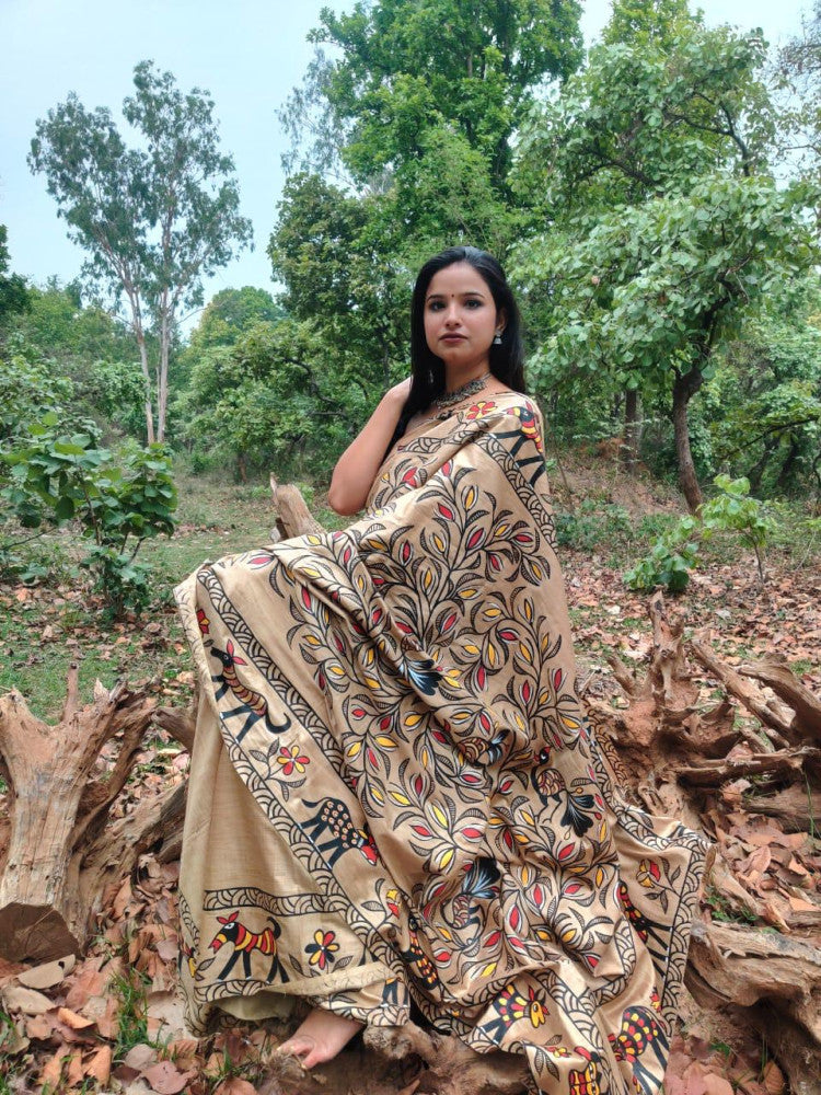 Sohrai Khovar Brown Bhagalpuri Silk Saree