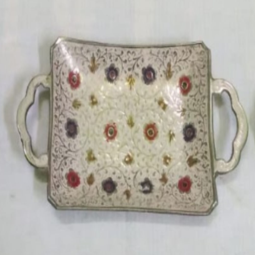 Square Tray Meena Work White Colour(6.5 Inch)