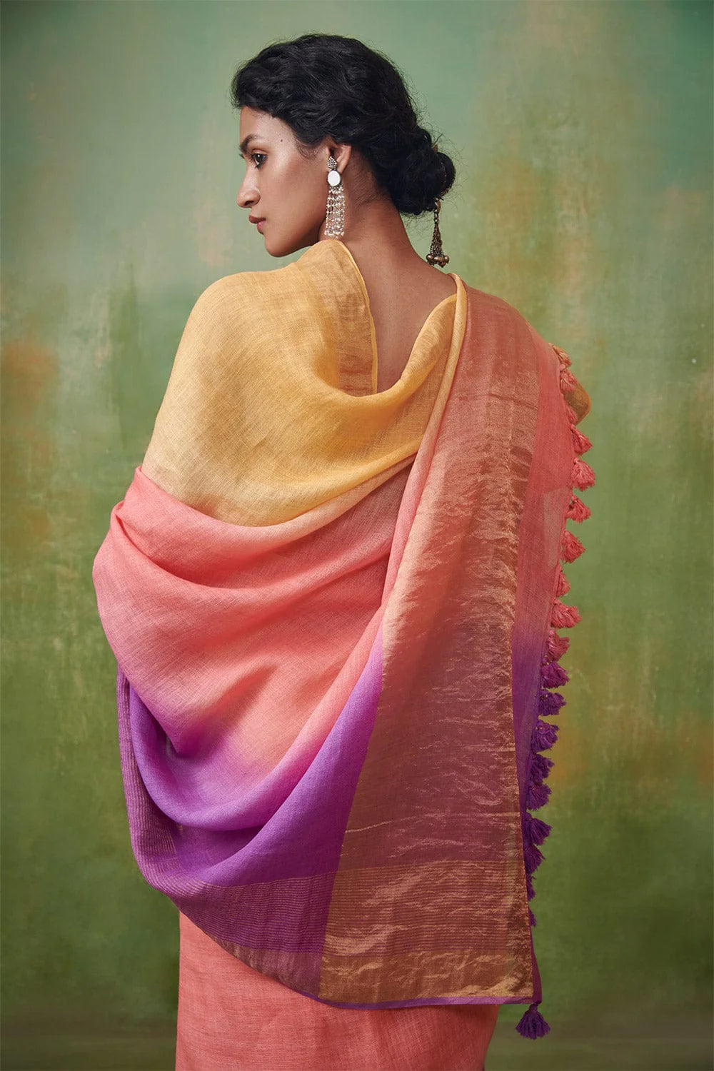 Tangerine Twist Linen Saree With Zari Border