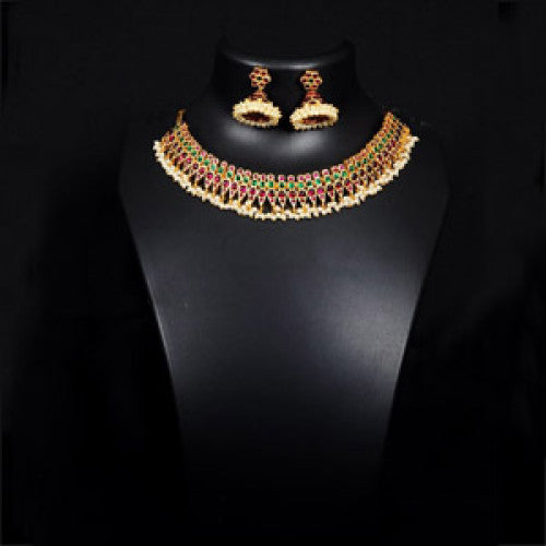 24 Kt Gold Foil Temple Jewellery Necklace With Jhumka