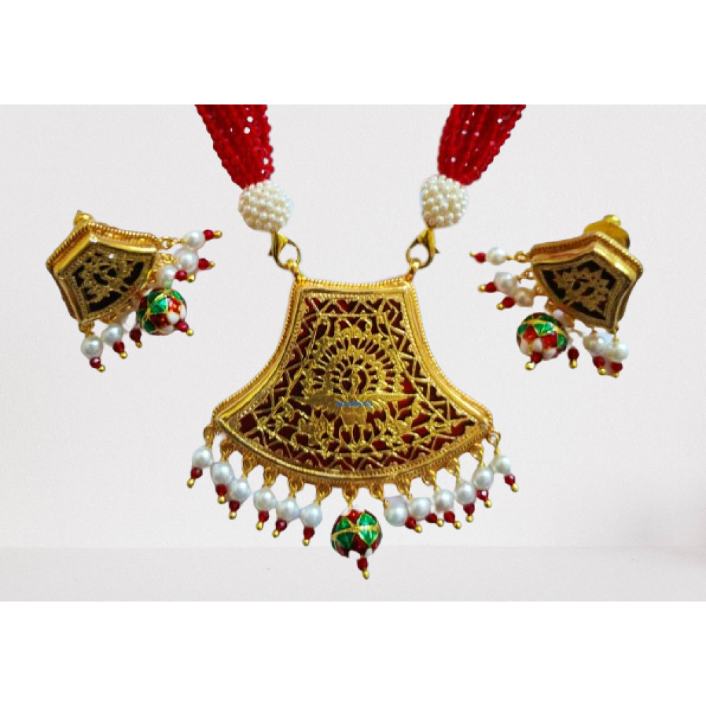 Thewa Art Gold Work Neckless Set Red Glass Beads