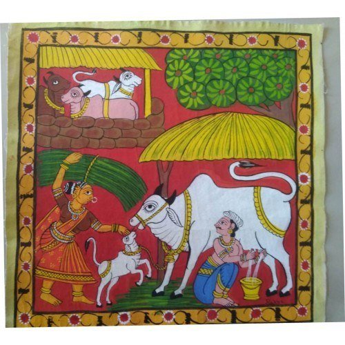 Traditional Handmade Beautiful Nakashi Art of Village Scene Cheriyal Painting