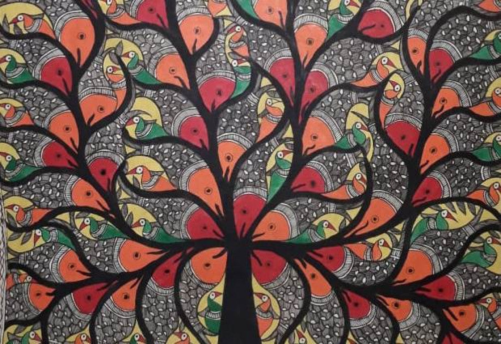 Traditional Madhubani Painting: A Multicolored Tree on Khadi Paper, Rendered with Natural Paints