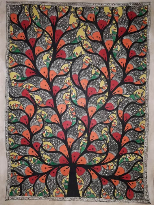 Traditional Madhubani Painting: A Multicolored Tree on Khadi Paper, Rendered with Natural Paints