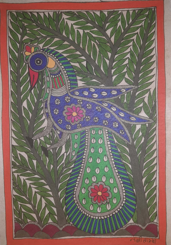 Traditional Madhubani Painting: A Peacock in the Forest, Crafted with Natural Paints on Khadi Paper