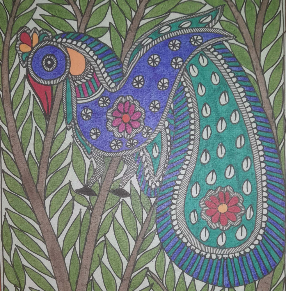 Traditional Madhubani Painting: A Peacock on a Tree, Rendered with Natural Paints on Khadi Paper