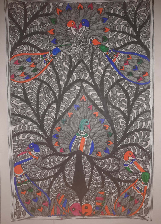 Traditional Madhubani Painting: Elegant Peacocks on Khadi Paper, Crafted with Natural Paints