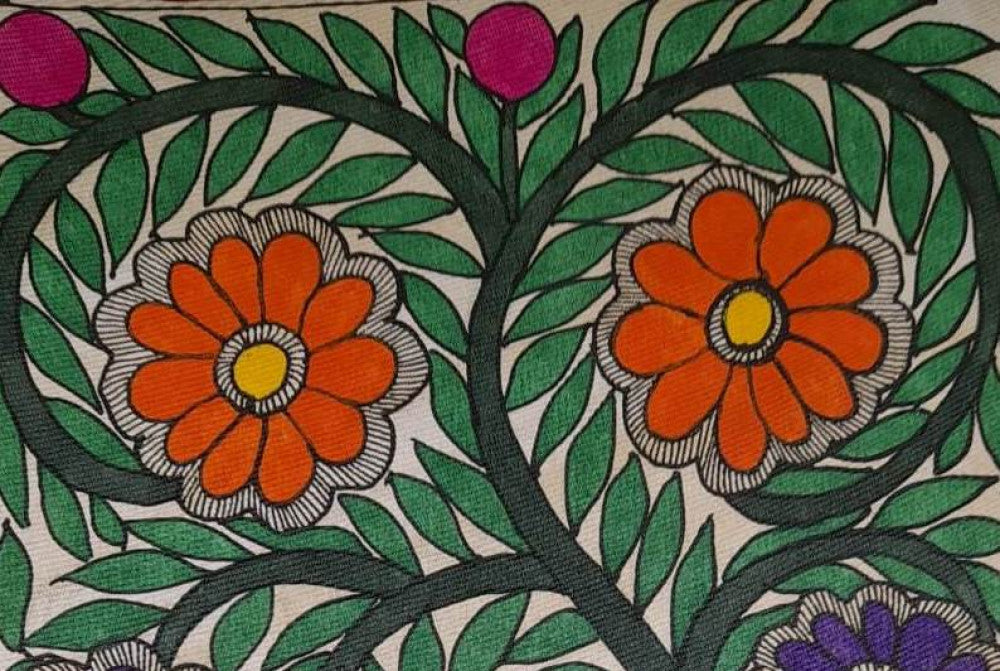 Traditional Madhubani Painting featuring Multi-Colored Flowers on Khadi Paper