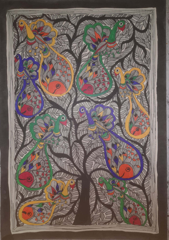 Traditional Madhubani Painting: Multi-Colored Peacocks on a Tree, Created with Natural Paints on Khadi Paper